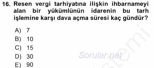 Vergi Usul Hukuku 2016 - 2017 Ara Sınavı 16.Soru