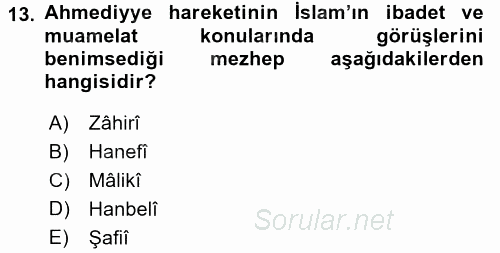 İslam Mezhepleri Tarihi 2017 - 2018 Dönem Sonu Sınavı 13.Soru