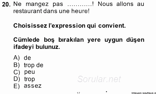 Fransızca 1 2014 - 2015 Tek Ders Sınavı 20.Soru