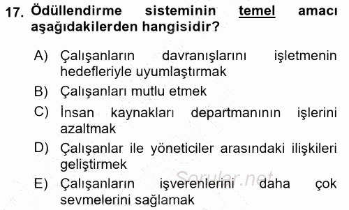 Ücret ve Ödül Yönetimi 2015 - 2016 Dönem Sonu Sınavı 17.Soru