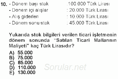 Envanter ve Bilanço 2012 - 2013 Tek Ders Sınavı 10.Soru