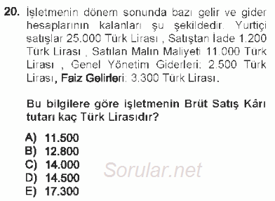 Envanter ve Bilanço 2012 - 2013 Tek Ders Sınavı 20.Soru