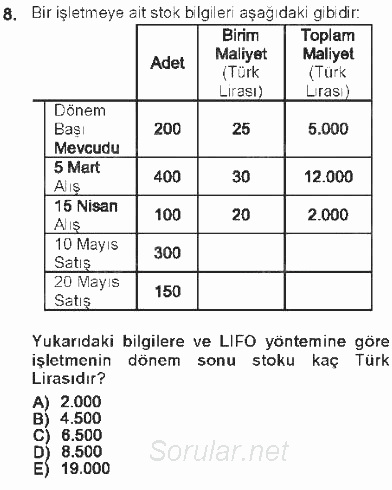 Envanter ve Bilanço 2012 - 2013 Tek Ders Sınavı 8.Soru