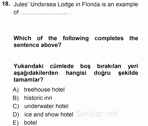 Turizm İçin 1ngilizce 1 2014 - 2015 Tek Ders Sınavı 18.Soru