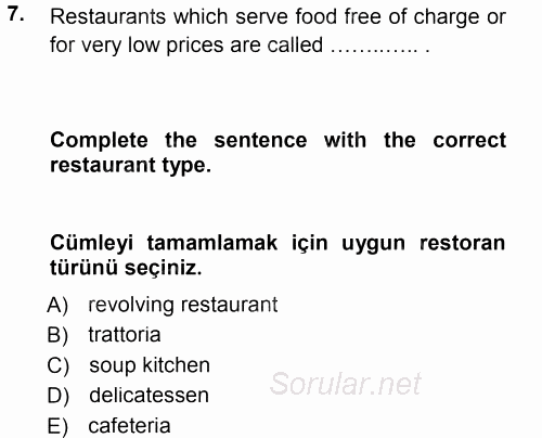 Turizm İçin 1ngilizce 1 2014 - 2015 Tek Ders Sınavı 7.Soru