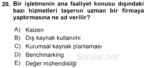 Sağlık Kurumlarında Maliyet Yönetimi 2015 - 2016 Tek Ders Sınavı 20.Soru