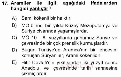 Eski Anadolu Tarihi 2016 - 2017 Ara Sınavı 17.Soru