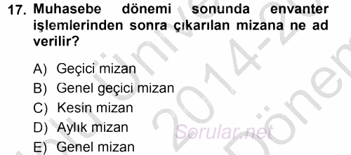 Genel Muhasebe 2014 - 2015 Dönem Sonu Sınavı 17.Soru