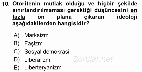 Siyaset Bilimi 2017 - 2018 Dönem Sonu Sınavı 10.Soru