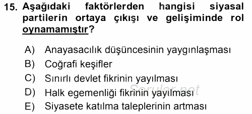 Siyaset Bilimi 2017 - 2018 Dönem Sonu Sınavı 15.Soru