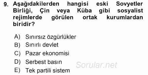 Siyaset Bilimi 2017 - 2018 Dönem Sonu Sınavı 9.Soru