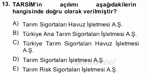 Hayat Dışı Sigortalar 2014 - 2015 Tek Ders Sınavı 13.Soru
