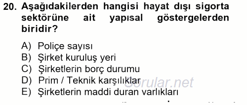 Hayat Dışı Sigortalar 2014 - 2015 Tek Ders Sınavı 20.Soru