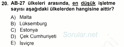 Tarım Ekonomisi ve Tarımsal Politikalar 2013 - 2014 Dönem Sonu Sınavı 20.Soru