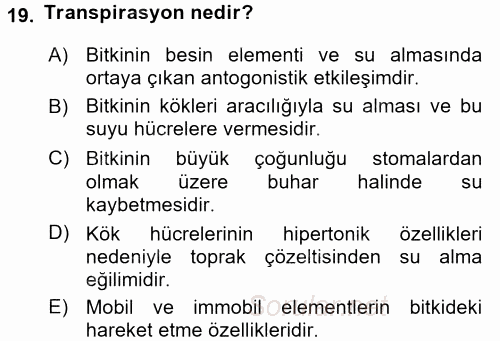 Toprak Bilgisi ve Bitki Besleme 2017 - 2018 3 Ders Sınavı 19.Soru