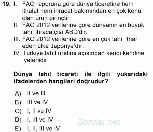 Gıda Coğrafyası 2016 - 2017 Ara Sınavı 19.Soru