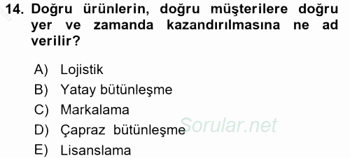 Pazarlama Yönetimi 2015 - 2016 Dönem Sonu Sınavı 14.Soru