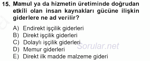 Sağlık Kurumlarında Maliyet Yönetimi 2012 - 2013 Ara Sınavı 15.Soru