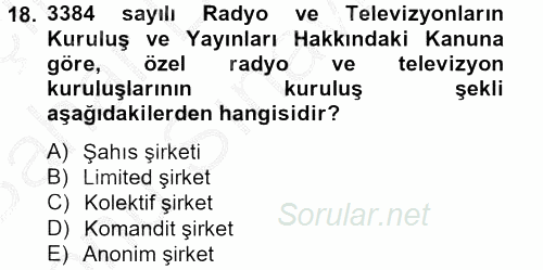 Radyo ve Televizyon İşletmeciliği 2012 - 2013 Dönem Sonu Sınavı 18.Soru