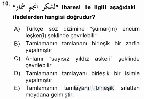 Osmanlı Türkçesi Grameri 2 2016 - 2017 Dönem Sonu Sınavı 10.Soru