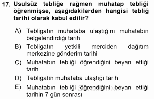 Yargı Örgütü Ve Tebligat Hukuku 2015 - 2016 Tek Ders Sınavı 17.Soru