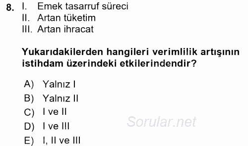 Ekonominin Güncel Sorunları 2017 - 2018 Dönem Sonu Sınavı 8.Soru