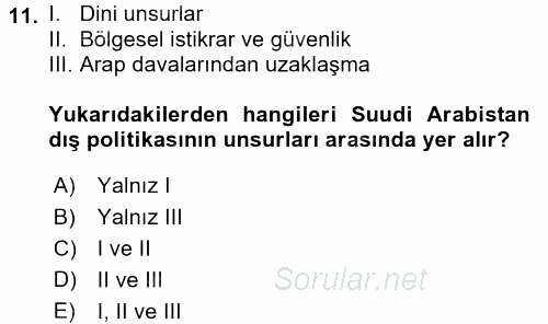 Orta Doğuda Siyaset 2017 - 2018 3 Ders Sınavı 11.Soru