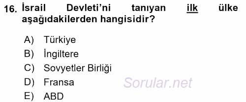 Orta Doğuda Siyaset 2017 - 2018 3 Ders Sınavı 16.Soru