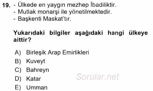 Orta Doğuda Siyaset 2017 - 2018 3 Ders Sınavı 19.Soru