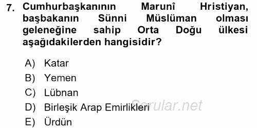 Orta Doğuda Siyaset 2017 - 2018 3 Ders Sınavı 7.Soru