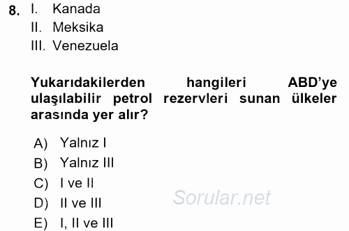 Orta Doğuda Siyaset 2017 - 2018 3 Ders Sınavı 8.Soru