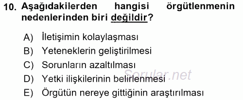 Yönetim ve Organizasyon 1 2016 - 2017 Ara Sınavı 10.Soru