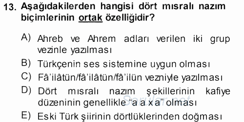 Eski Türk Edebiyatına Giriş: Biçim ve Ölçü 2013 - 2014 Ara Sınavı 13.Soru