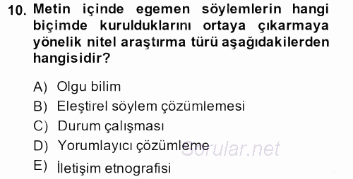 İletişim Araştırmaları 2014 - 2015 Dönem Sonu Sınavı 10.Soru