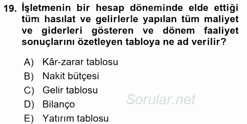 Finansal Yönetim 1 2016 - 2017 Ara Sınavı 19.Soru