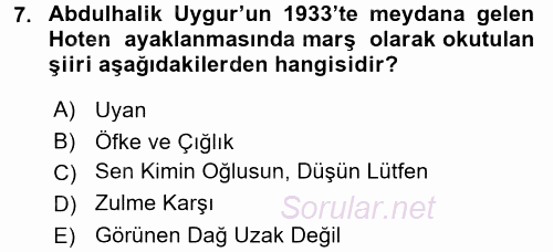 Çağdaş Türk Edebiyatları 2 2017 - 2018 Dönem Sonu Sınavı 7.Soru