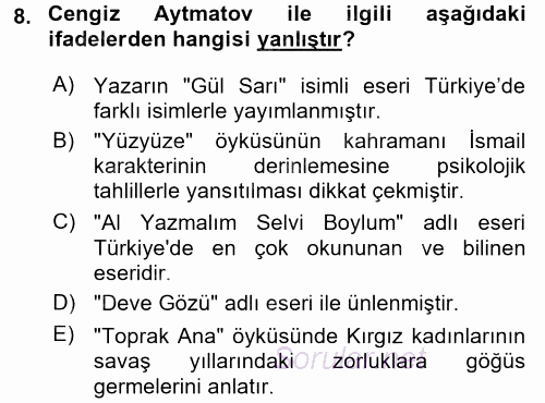 Çağdaş Türk Edebiyatları 2 2017 - 2018 Dönem Sonu Sınavı 8.Soru