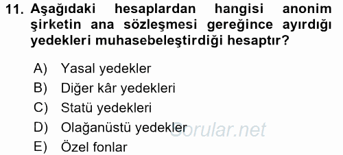 Şirketler Muhasebesi 2015 - 2016 Dönem Sonu Sınavı 11.Soru