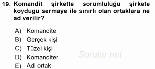 Şirketler Muhasebesi 2015 - 2016 Dönem Sonu Sınavı 19.Soru