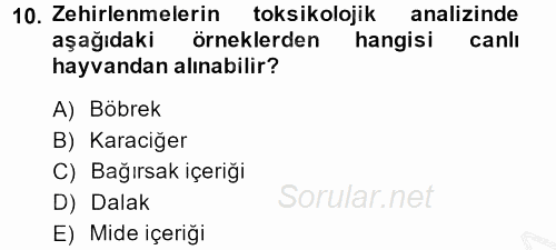 Temel Veteriner Farmakoloji ve Toksikoloji 2013 - 2014 Dönem Sonu Sınavı 10.Soru