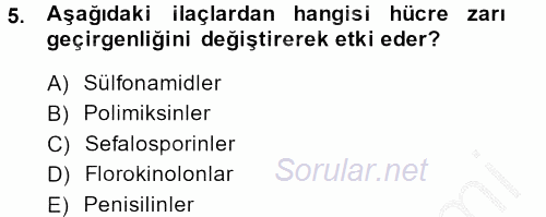 Temel Veteriner Farmakoloji ve Toksikoloji 2013 - 2014 Dönem Sonu Sınavı 5.Soru