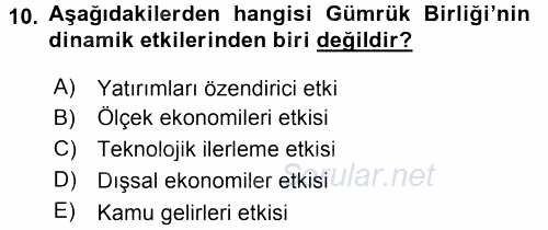 Avrupa Birliği ve Türkiye İlişkileri 2015 - 2016 Ara Sınavı 10.Soru