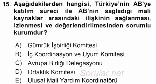 Avrupa Birliği ve Türkiye İlişkileri 2015 - 2016 Ara Sınavı 15.Soru