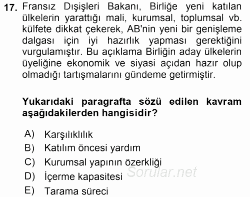 Avrupa Birliği ve Türkiye İlişkileri 2015 - 2016 Ara Sınavı 17.Soru