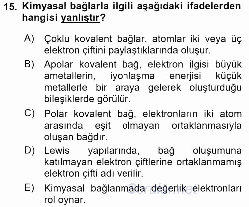 Genel Kimya 1 2017 - 2018 3 Ders Sınavı 15.Soru