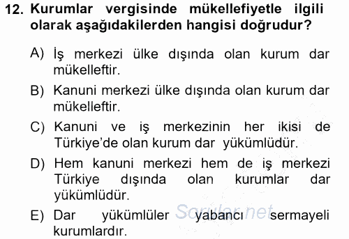 Özel Vergi Hukuku 1 2012 - 2013 Dönem Sonu Sınavı 12.Soru