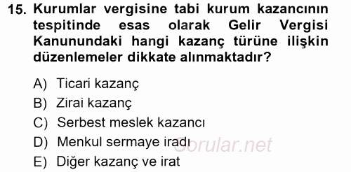 Özel Vergi Hukuku 1 2012 - 2013 Dönem Sonu Sınavı 15.Soru