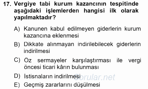 Özel Vergi Hukuku 1 2012 - 2013 Dönem Sonu Sınavı 17.Soru