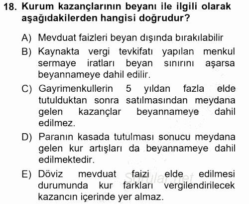 Özel Vergi Hukuku 1 2012 - 2013 Dönem Sonu Sınavı 18.Soru