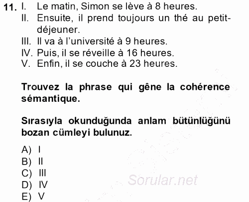 Fransızca 1 2013 - 2014 Dönem Sonu Sınavı 11.Soru